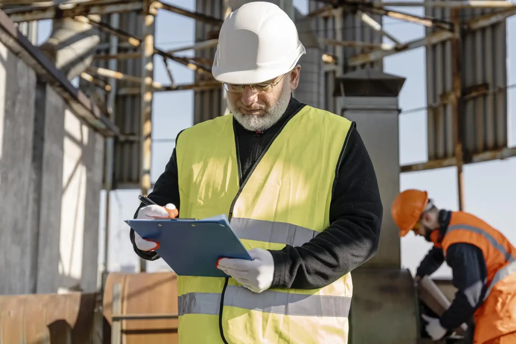 Site supervisor with a clipboard checking environmental controls on a construction site