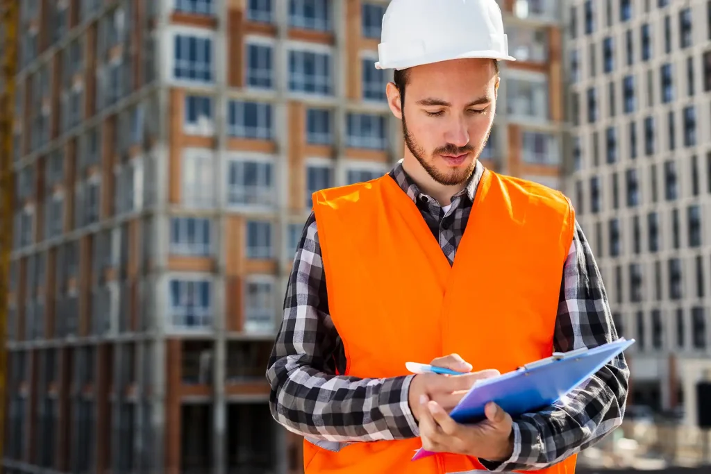 Construction engineer in a high visibility vest holding a clipboard